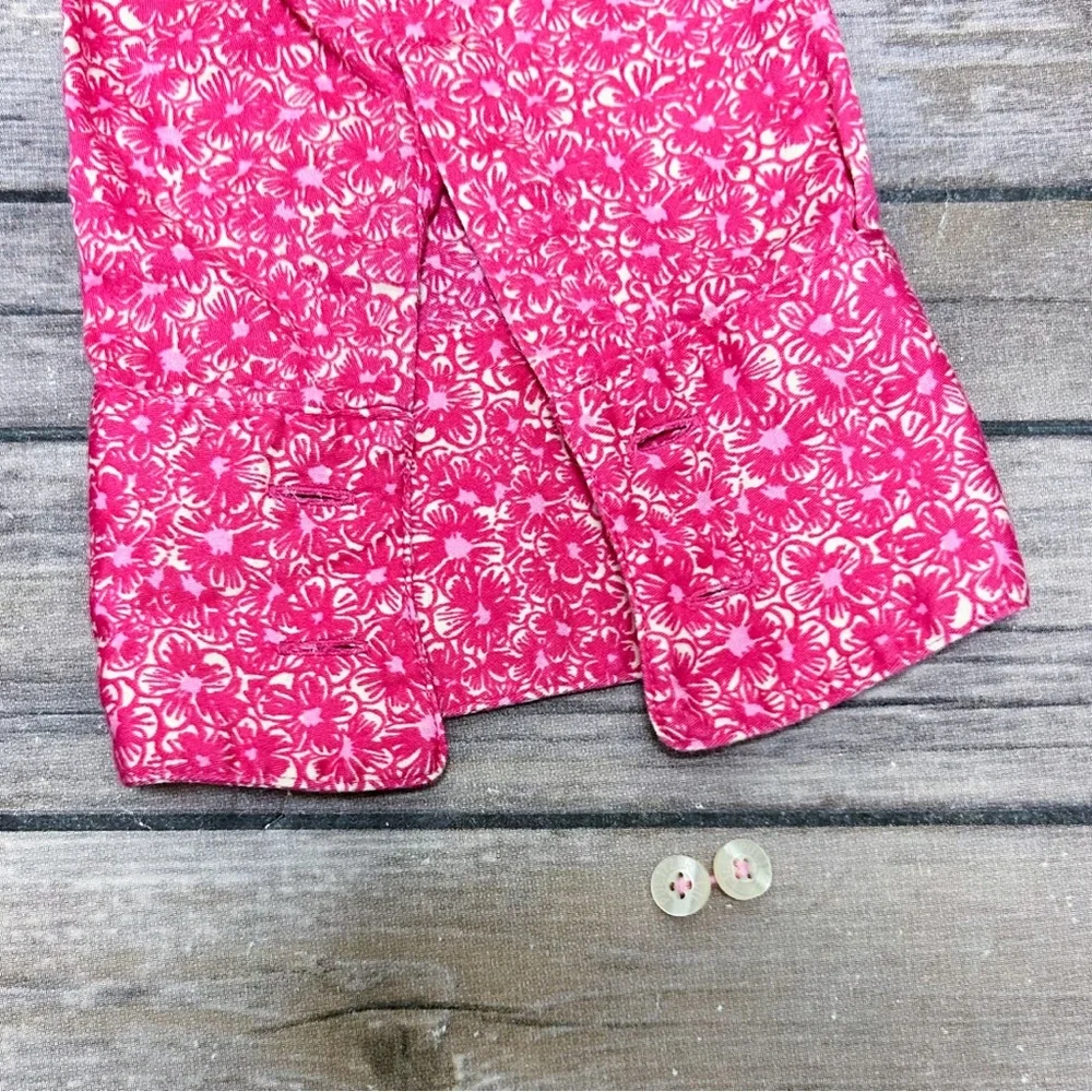 Lilly Pulitzer Pink Ivory Floral High V Neck Collar Button Up 3/4 Sleeve Blouse